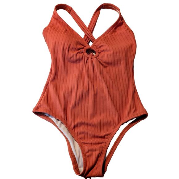 NWT Kona Sol Medium Coverage One Piece Rust Color Ribbed Bathing Suit Sz S - Picture 1 of 15